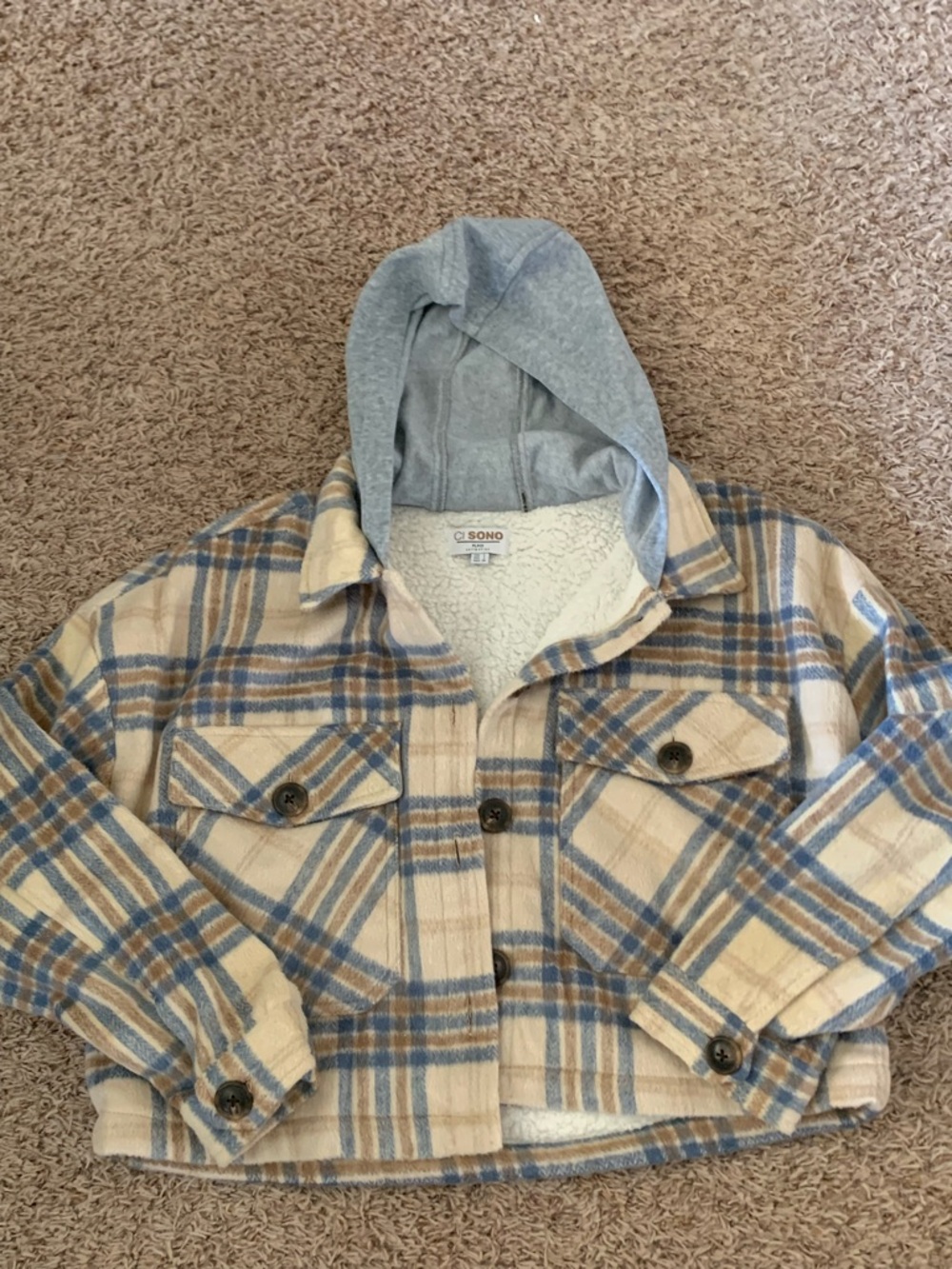 Ci Sono Beige & Blue Plaid Hooded Sherpa-Lined Jacket